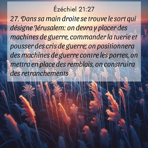 Segond21 Ézéchiel  ; image nature: image avec le verset biblique :Dans sa main droite se trouve le sort qui désigne Jérusalem: on devra y placer des machines de guerre, commander la tuerie et pousser des cris de guerre; on positionnera des machines de guerre contre les portes, on mettra en place des remblais, on construira des retranchements. ;  ; 21:27