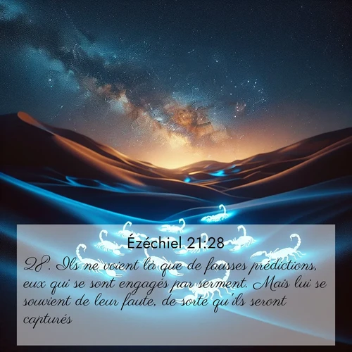 Segond21 Ézéchiel  ; image nature: image avec le verset biblique :Ils ne voient là que de fausses prédictions, eux qui se sont engagés par serment. Mais lui se souvient de leur faute, de sorte qu&#039;ils seront capturés. ;  ; 21:28