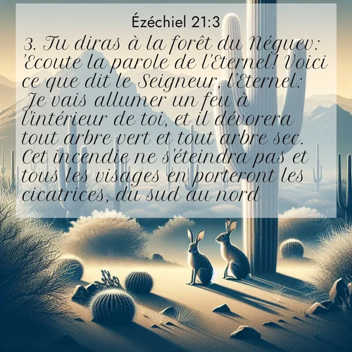 Segond21 Ézéchiel  ; image nature: image avec le verset biblique :Tu diras à la forêt du Néguev: &#039;Ecoute la parole de l&#039;Eternel! Voici ce que dit le Seigneur, l&#039;Eternel: Je vais allumer un feu à l&#039;intérieur de toi, et il dévorera tout arbre vert et tout arbre sec. Cet incendie ne s&#039;éteindra pas et tous les visages en porteront les cicatrices, du sud au nord.&#039; ;  ; 21:3