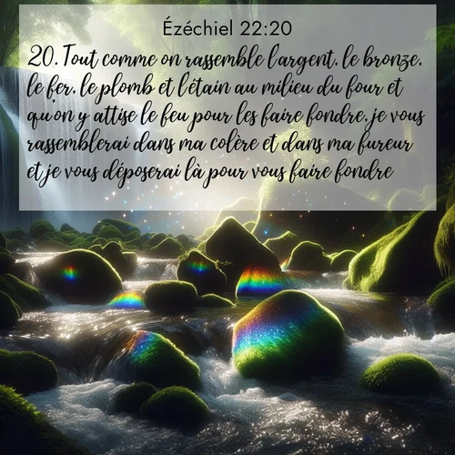 Segond21 Ézéchiel  ; image nature: image avec le verset biblique :Tout comme on rassemble l&#039;argent, le bronze, le fer, le plomb et l&#039;étain au milieu du four et qu&#039;on y attise le feu pour les faire fondre, je vous rassemblerai dans ma colère et dans ma fureur et je vous déposerai là pour vous faire fondre. ;  ; 22:20