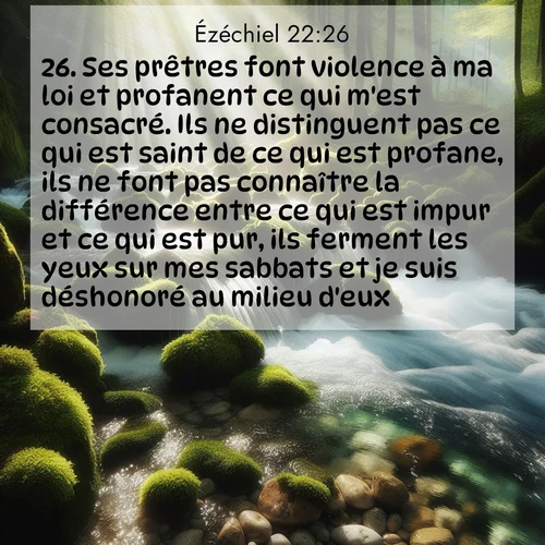 Segond21 Ézéchiel  ; image nature: image avec le verset biblique :Ses prêtres font violence à ma loi et profanent ce qui m&#039;est consacré. Ils ne distinguent pas ce qui est saint de ce qui est profane, ils ne font pas connaître la différence entre ce qui est impur et ce qui est pur, ils ferment les yeux sur mes sabbats et je suis déshonoré au milieu d&#039;eux. ;  ; 22:26