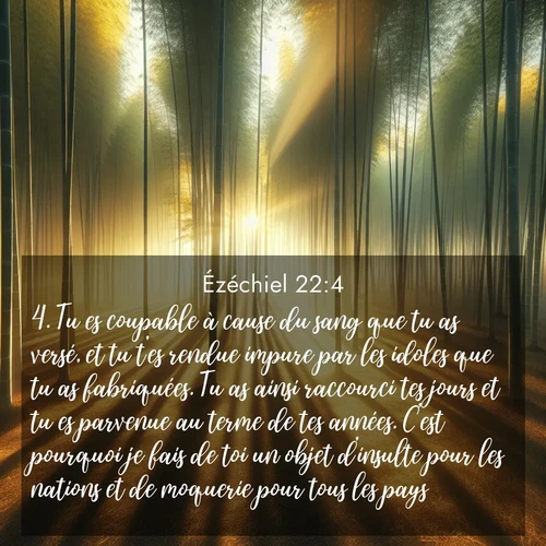 Segond21 Ézéchiel  ; image nature: image avec le verset biblique :Tu es coupable à cause du sang que tu as versé, et tu t&#039;es rendue impure par les idoles que tu as fabriquées. Tu as ainsi raccourci tes jours et tu es parvenue au terme de tes années. C&#039;est pourquoi je fais de toi un objet d&#039;insulte pour les nations et de moquerie pour tous les pays. ;  ; 22:4