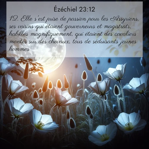 Segond21 Ézéchiel  ; image nature: image avec le verset biblique :Elle s&#039;est prise de passion pour les Assyriens, ses voisins qui étaient gouverneurs et magistrats, habillés magnifiquement, qui étaient des cavaliers montés sur des chevaux, tous de séduisants jeunes hommes. ;  ; 23:12