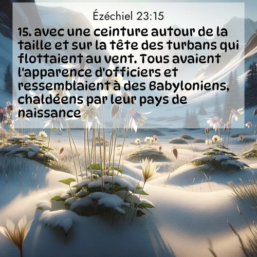 Segond21 Ézéchiel  ; image nature: image avec le verset biblique :avec une ceinture autour de la taille et sur la tête des turbans qui flottaient au vent. Tous avaient l&#039;apparence d&#039;officiers et ressemblaient à des Babyloniens, chaldéens par leur pays de naissance. ;  ; 23:15