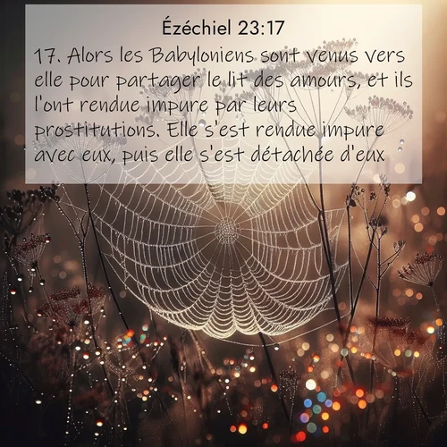 Segond21 Ézéchiel  ; image nature: image avec le verset biblique :Alors les Babyloniens sont venus vers elle pour partager le lit des amours, et ils l&#039;ont rendue impure par leurs prostitutions. Elle s&#039;est rendue impure avec eux, puis elle s&#039;est détachée d&#039;eux. ;  ; 23:17