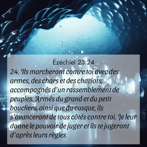 Segond21 Ézéchiel  ; image nature: image avec le verset biblique :Ils marcheront contre toi avec des armes, des chars et des chariots, accompagnés d&#039;un rassemblement de peuples. Armés du grand et du petit boucliers, ainsi que du casque, ils s&#039;avanceront de tous côtés contre toi. Je leur donne le pouvoir de juger et ils te jugeront d&#039;après leurs règles. ;  ; 23:24