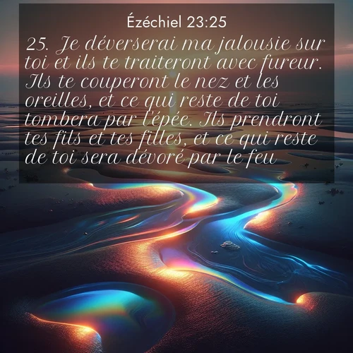 Segond21 Ézéchiel  ; image nature: image avec le verset biblique :Je déverserai ma jalousie sur toi et ils te traiteront avec fureur. Ils te couperont le nez et les oreilles, et ce qui reste de toi tombera par l&#039;épée. Ils prendront tes fils et tes filles, et ce qui reste de toi sera dévoré par le feu. ;  ; 23:25