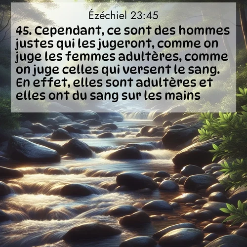 Segond21 Ézéchiel  ; image nature: image avec le verset biblique :Cependant, ce sont des hommes justes qui les jugeront, comme on juge les femmes adultères, comme on juge celles qui versent le sang. En effet, elles sont adultères et elles ont du sang sur les mains. ;  ; 23:45