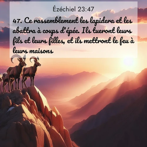 Segond21 Ézéchiel  ; image nature: image avec le verset biblique :Ce rassemblement les lapidera et les abattra à coups d&#039;épée. Ils tueront leurs fils et leurs filles, et ils mettront le feu à leurs maisons. ;  ; 23:47