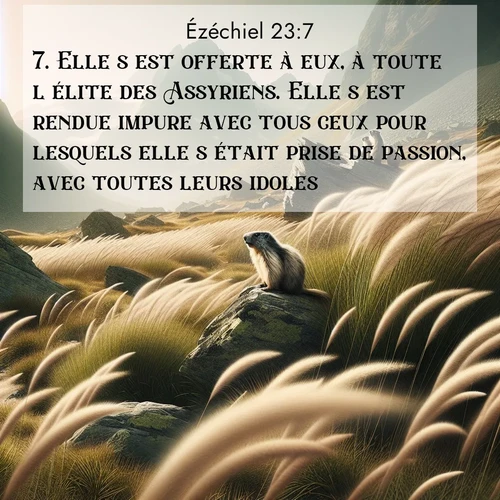 Segond21 Ézéchiel  ; image nature: image avec le verset biblique :Elle s&#039;est offerte à eux, à toute l&#039;élite des Assyriens. Elle s&#039;est rendue impure avec tous ceux pour lesquels elle s&#039;était prise de passion, avec toutes leurs idoles. ;  ; 23:7