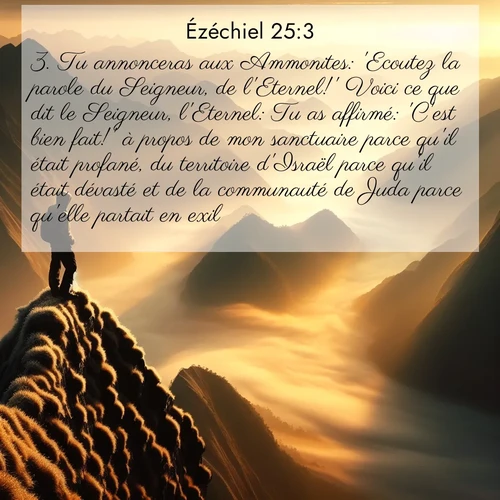 Segond21 Ézéchiel  ; image nature: image avec le verset biblique :Tu annonceras aux Ammonites: &#039;Ecoutez la parole du Seigneur, de l&#039;Eternel!&#039; Voici ce que dit le Seigneur, l&#039;Eternel: Tu as affirmé: &#039;C&#039;est bien fait!&#039; à propos de mon sanctuaire parce qu&#039;il était profané, du territoire d&#039;Israël parce qu&#039;il était dévasté et de la communauté de Juda parce qu&#039;elle partait en exil. ;  ; 25:3
