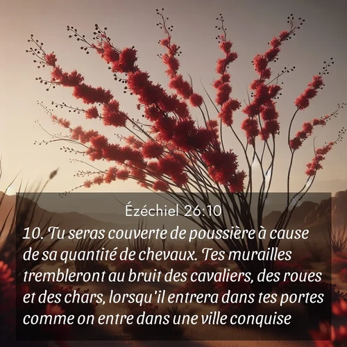 Segond21 Ézéchiel  ; image nature: image avec le verset biblique :Tu seras couverte de poussière à cause de sa quantité de chevaux. Tes murailles trembleront au bruit des cavaliers, des roues et des chars, lorsqu&#039;il entrera dans tes portes comme on entre dans une ville conquise. ;  ; 26:10