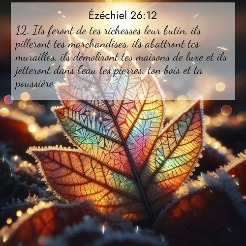 Segond21 Ézéchiel  ; image nature: image avec le verset biblique :Ils feront de tes richesses leur butin, ils pilleront tes marchandises, ils abattront tes murailles, ils démoliront tes maisons de luxe et ils jetteront dans l&#039;eau tes pierres, ton bois et ta poussière. ;  ; 26:12