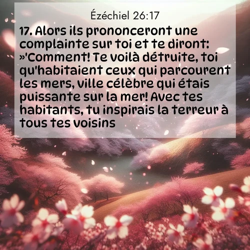 Segond21 Ézéchiel  ; image nature: image avec le verset biblique :Alors ils prononceront une complainte sur toi et te diront: »&#039;Comment! Te voilà détruite, toi qu&#039;habitaient ceux qui parcourent les mers, ville célèbre qui étais puissante sur la mer! Avec tes habitants, tu inspirais la terreur à tous tes voisins. ;  ; 26:17