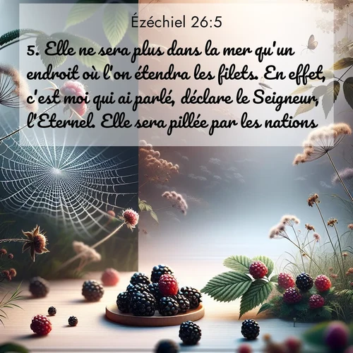 Segond21 Ézéchiel  ; image nature: image avec le verset biblique :Elle ne sera plus dans la mer qu&#039;un endroit où l&#039;on étendra les filets. En effet, c&#039;est moi qui ai parlé, déclare le Seigneur, l&#039;Eternel. Elle sera pillée par les nations. ;  ; 26:5