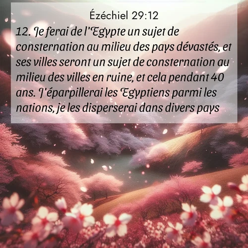 Segond21 Ézéchiel  ; image nature: image avec le verset biblique :Je ferai de l&#039;Egypte un sujet de consternation au milieu des pays dévastés, et ses villes seront un sujet de consternation au milieu des villes en ruine, et cela pendant 40 ans. J&#039;éparpillerai les Egyptiens parmi les nations, je les disperserai dans divers pays. ;  ; 29:12