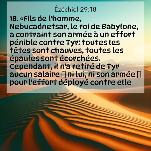 Segond21 Ézéchiel  ; image nature: image avec le verset biblique :«Fils de l&#039;homme, Nebucadnetsar, le roi de Babylone, a contraint son armée à un effort pénible contre Tyr: toutes les têtes sont chauves, toutes les épaules sont écorchées. Cependant, il n&#039;a retiré de Tyr aucun salaire  ni lui, ni son armée  pour l&#039;effort déployé contre elle. ;  ; 29:18