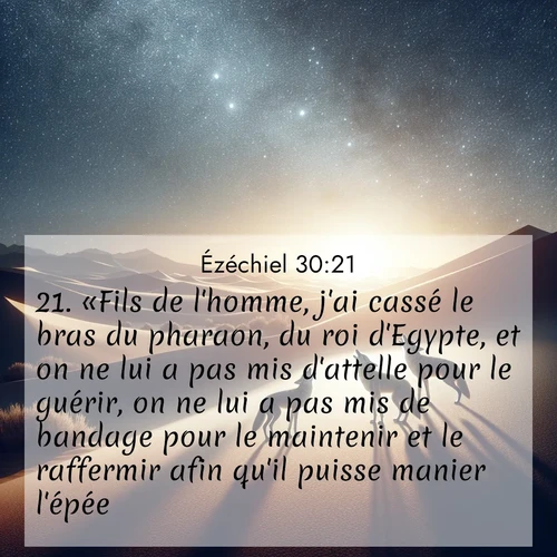 Segond21 Ézéchiel  ; image nature: image avec le verset biblique :«Fils de l&#039;homme, j&#039;ai cassé le bras du pharaon, du roi d&#039;Egypte, et on ne lui a pas mis d&#039;attelle pour le guérir, on ne lui a pas mis de bandage pour le maintenir et le raffermir afin qu&#039;il puisse manier l&#039;épée. ;  ; 30:21
