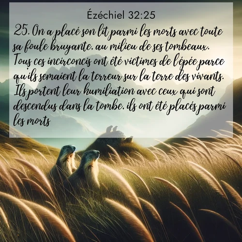 Segond21 Ézéchiel  ; image nature: image avec le verset biblique :On a placé son lit parmi les morts avec toute sa foule bruyante, au milieu de ses tombeaux. Tous ces incirconcis ont été victimes de l&#039;épée parce qu&#039;ils semaient la terreur sur la terre des vivants. Ils portent leur humiliation avec ceux qui sont descendus dans la tombe, ils ont été placés parmi les morts. ;  ; 32:25
