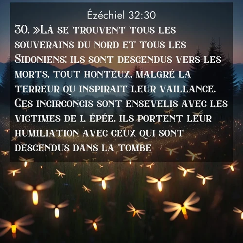 Segond21 Ézéchiel  ; image nature: image avec le verset biblique :»Là se trouvent tous les souverains du nord et tous les Sidoniens: ils sont descendus vers les morts, tout honteux, malgré la terreur qu&#039;inspirait leur vaillance. Ces incirconcis sont ensevelis avec les victimes de l&#039;épée, ils portent leur humiliation avec ceux qui sont descendus dans la tombe. ;  ; 32:30