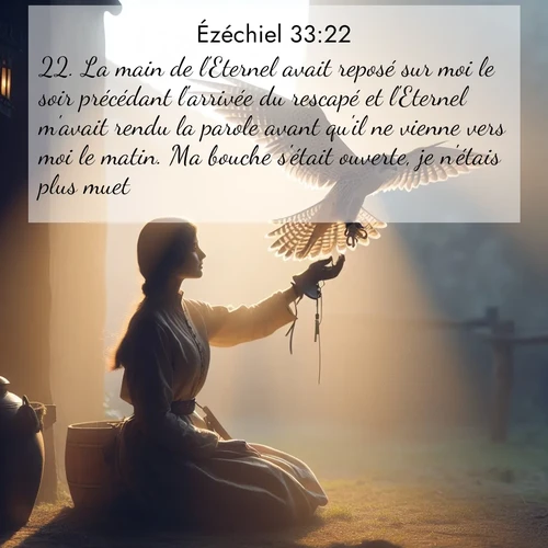 Segond21 Ézéchiel  ; image nature: image avec le verset biblique :La main de l&#039;Eternel avait reposé sur moi le soir précédant l&#039;arrivée du rescapé et l&#039;Eternel m&#039;avait rendu la parole avant qu&#039;il ne vienne vers moi le matin. Ma bouche s&#039;était ouverte, je n&#039;étais plus muet. ;  ; 33:22