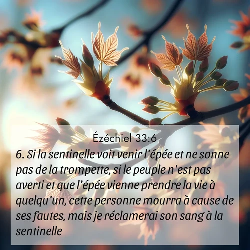 Segond21 Ézéchiel  ; image nature: image avec le verset biblique :Si la sentinelle voit venir l&#039;épée et ne sonne pas de la trompette, si le peuple n&#039;est pas averti et que l&#039;épée vienne prendre la vie à quelqu&#039;un, cette personne mourra à cause de ses fautes, mais je réclamerai son sang à la sentinelle.&#039; ;  ; 33:6