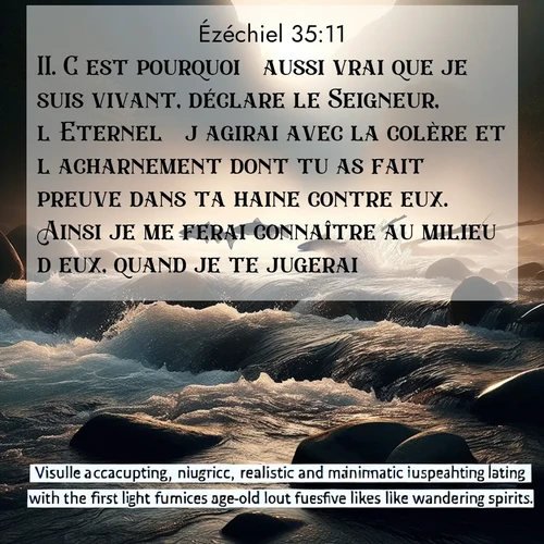 Segond21 Ézéchiel  ; image nature: image avec le verset biblique :C&#039;est pourquoi  aussi vrai que je suis vivant, déclare le Seigneur, l&#039;Eternel  j&#039;agirai avec la colère et l&#039;acharnement dont tu as fait preuve dans ta haine contre eux. Ainsi je me ferai connaître au milieu d&#039;eux, quand je te jugerai. ;  ; 35:11
