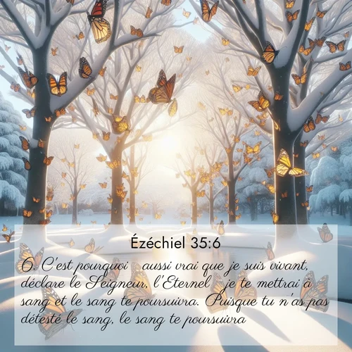 Segond21 Ézéchiel  ; image nature: image avec le verset biblique :C&#039;est pourquoi  aussi vrai que je suis vivant, déclare le Seigneur, l&#039;Eternel  je te mettrai à sang et le sang te poursuivra. Puisque tu n&#039;as pas détesté le sang, le sang te poursuivra. ;  ; 35:6