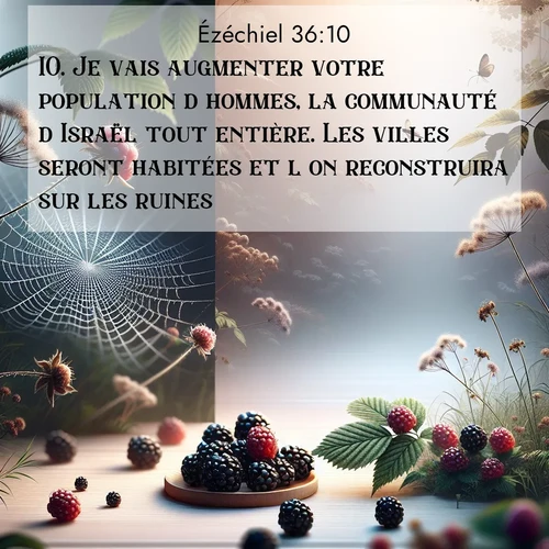 Segond21 Ézéchiel  ; image nature: image avec le verset biblique :Je vais augmenter votre population d&#039;hommes, la communauté d&#039;Israël tout entière. Les villes seront habitées et l&#039;on reconstruira sur les ruines. ;  ; 36:10