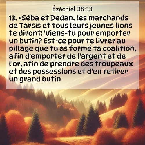Segond21 Ézéchiel  ; image nature: image avec le verset biblique :»Séba et Dedan, les marchands de Tarsis et tous leurs jeunes lions te diront: &#039;Viens-tu pour emporter un butin? Est-ce pour te livrer au pillage que tu as formé ta coalition, afin d&#039;emporter de l&#039;argent et de l&#039;or, afin de prendre des troupeaux et des possessions et d&#039;en retirer un grand butin?&#039; ;  ; 38:13