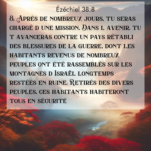Segond21 Ézéchiel  ; image nature: image avec le verset biblique :Après de nombreux jours, tu seras chargé d&#039;une mission. Dans l&#039;avenir, tu t&#039;avanceras contre un pays rétabli des blessures de la guerre, dont les habitants revenus de nombreux peuples ont été rassemblés sur les montagnes d&#039;Israël longtemps restées en ruine. Retirés des divers peuples, ces habitants habiteront tous en sécurité. ;  ; 38:8
