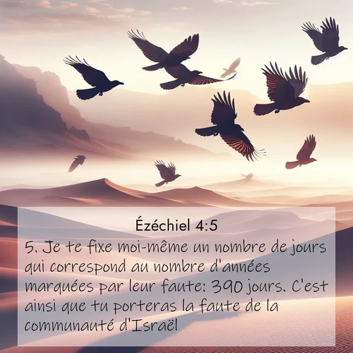 Segond21 Ézéchiel  ; image nature: image avec le verset biblique :Je te fixe moi-même un nombre de jours qui correspond au nombre d&#039;années marquées par leur faute: 390 jours. C&#039;est ainsi que tu porteras la faute de la communauté d&#039;Israël. ;  ; 4:5