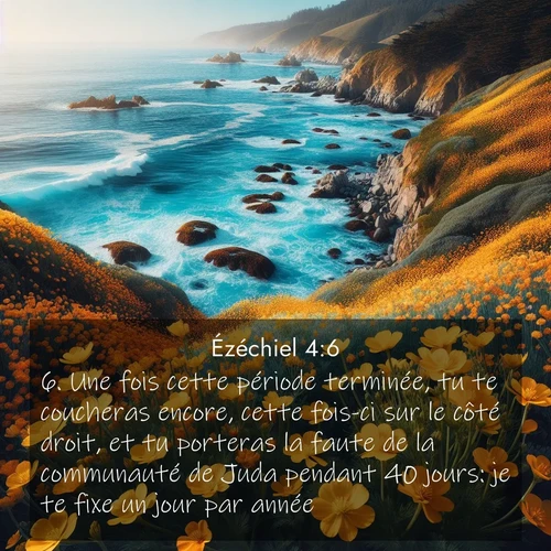 Segond21 Ézéchiel  ; image nature: image avec le verset biblique :Une fois cette période terminée, tu te coucheras encore, cette fois-ci sur le côté droit, et tu porteras la faute de la communauté de Juda pendant 40 jours: je te fixe un jour par année. ;  ; 4:6