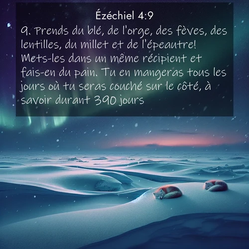 Segond21 Ézéchiel  ; image nature: image avec le verset biblique :Prends du blé, de l&#039;orge, des fèves, des lentilles, du millet et de l&#039;épeautre! Mets-les dans un même récipient et fais-en du pain. Tu en mangeras tous les jours où tu seras couché sur le côté, à savoir durant 390 jours. ;  ; 4:9