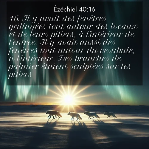 Segond21 Ézéchiel  ; image nature: image avec le verset biblique :Il y avait des fenêtres grillagées tout autour des locaux et de leurs piliers, à l&#039;intérieur de l&#039;entrée. Il y avait aussi des fenêtres tout autour du vestibule, à l&#039;intérieur. Des branches de palmier étaient sculptées sur les piliers. ;  ; 40:16
