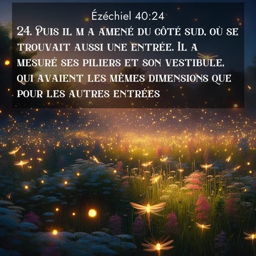 Segond21 Ézéchiel  ; image nature: image avec le verset biblique :Puis il m&#039;a amené du côté sud, où se trouvait aussi une entrée. Il a mesuré ses piliers et son vestibule, qui avaient les mêmes dimensions que pour les autres entrées. ;  ; 40:24