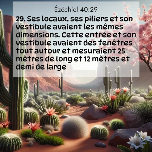 Segond21 Ézéchiel  ; image nature: image avec le verset biblique :Ses locaux, ses piliers et son vestibule avaient les mêmes dimensions. Cette entrée et son vestibule avaient des fenêtres tout autour et mesuraient 25 mètres de long et 12 mètres et demi de large. ;  ; 40:29