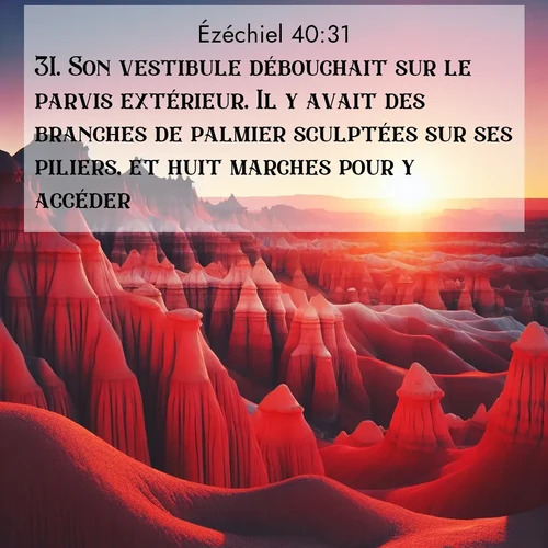 Segond21 Ézéchiel  ; image nature: image avec le verset biblique :Son vestibule débouchait sur le parvis extérieur. Il y avait des branches de palmier sculptées sur ses piliers, et huit marches pour y accéder. ;  ; 40:31