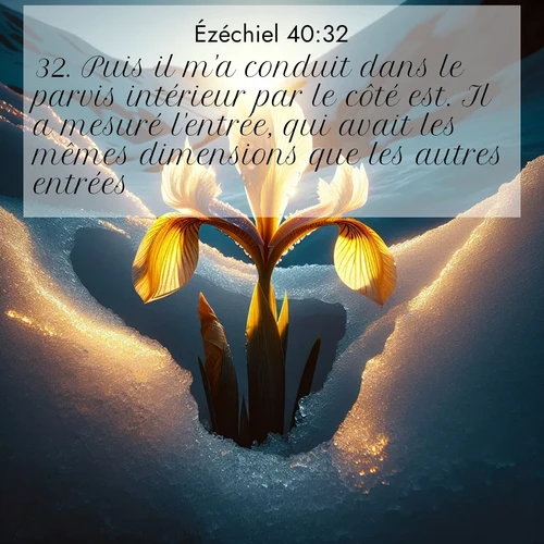 Segond21 Ézéchiel  ; image nature: image avec le verset biblique :Puis il m&#039;a conduit dans le parvis intérieur par le côté est. Il a mesuré l&#039;entrée, qui avait les mêmes dimensions que les autres entrées. ;  ; 40:32