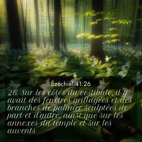 Segond21 Ézéchiel  ; image nature: image avec le verset biblique :Sur les côtés du vestibule, il y avait des fenêtres grillagées et des branches de palmier sculptées de part et d&#039;autre, ainsi que sur les annexes du temple et sur les auvents. ;  ; 41:26