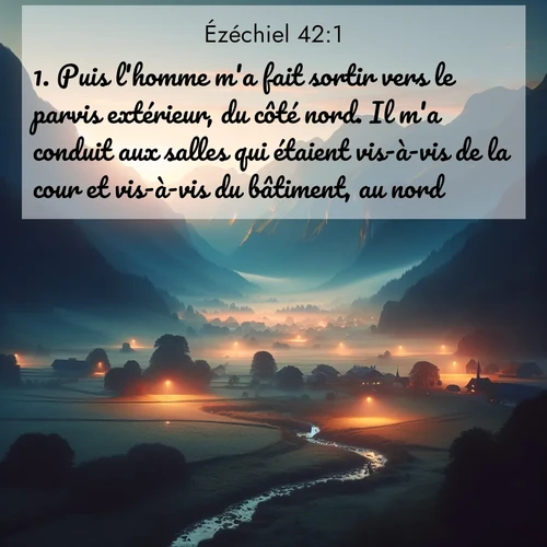 Segond21 Ézéchiel  ; image nature: image avec le verset biblique :Puis l&#039;homme m&#039;a fait sortir vers le parvis extérieur, du côté nord. Il m&#039;a conduit aux salles qui étaient vis-à-vis de la cour et vis-à-vis du bâtiment, au nord. ;  ; 42:1