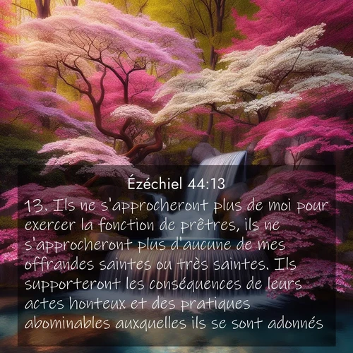 Segond21 Ézéchiel  ; image nature: image avec le verset biblique :Ils ne s&#039;approcheront plus de moi pour exercer la fonction de prêtres, ils ne s&#039;approcheront plus d&#039;aucune de mes offrandes saintes ou très saintes. Ils supporteront les conséquences de leurs actes honteux et des pratiques abominables auxquelles ils se sont adonnés. ;  ; 44:13
