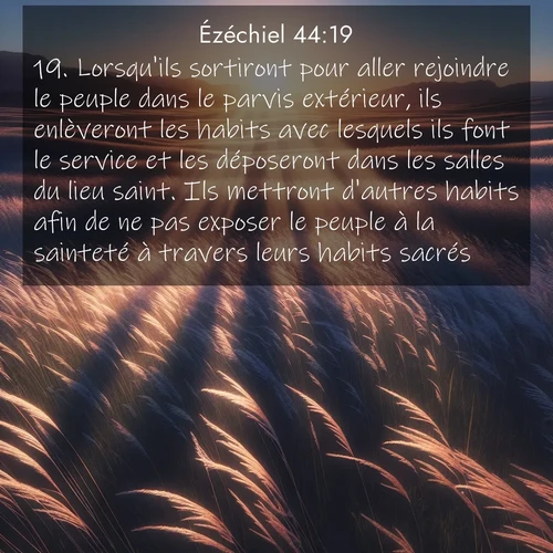 Segond21 Ézéchiel  ; image nature: image avec le verset biblique :Lorsqu&#039;ils sortiront pour aller rejoindre le peuple dans le parvis extérieur, ils enlèveront les habits avec lesquels ils font le service et les déposeront dans les salles du lieu saint. Ils mettront d&#039;autres habits afin de ne pas exposer le peuple à la sainteté à travers leurs habits sacrés. ;  ; 44:19