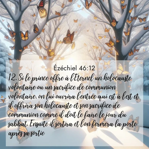 Segond21 Ézéchiel  ; image nature: image avec le verset biblique :Si le prince offre à l&#039;Eternel un holocauste volontaire ou un sacrifice de communion volontaire, on lui ouvrira l&#039;entrée qui est à l&#039;est et il offrira son holocauste et son sacrifice de communion comme il doit le faire le jour du sabbat. Ensuite il sortira et l&#039;on fermera la porte après sa sortie. ;  ; 46:12