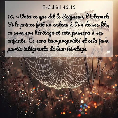 Segond21 Ézéchiel  ; image nature: image avec le verset biblique :»Voici ce que dit le Seigneur, l&#039;Eternel: Si le prince fait un cadeau à l&#039;un de ses fils, ce sera son héritage et cela passera à ses enfants. Ce sera leur propriété et cela fera partie intégrante de leur héritage. ;  ; 46:16