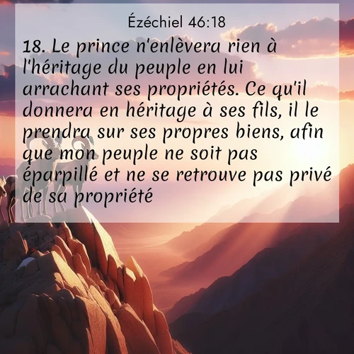 Segond21 Ézéchiel  ; image nature: image avec le verset biblique :Le prince n&#039;enlèvera rien à l&#039;héritage du peuple en lui arrachant ses propriétés. Ce qu&#039;il donnera en héritage à ses fils, il le prendra sur ses propres biens, afin que mon peuple ne soit pas éparpillé et ne se retrouve pas privé de sa propriété.» ;  ; 46:18