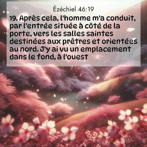 Segond21 Ézéchiel  ; image nature: image avec le verset biblique :Après cela, l&#039;homme m&#039;a conduit, par l&#039;entrée située à côté de la porte, vers les salles saintes destinées aux prêtres et orientées au nord. J&#039;y ai vu un emplacement dans le fond, à l&#039;ouest. ;  ; 46:19