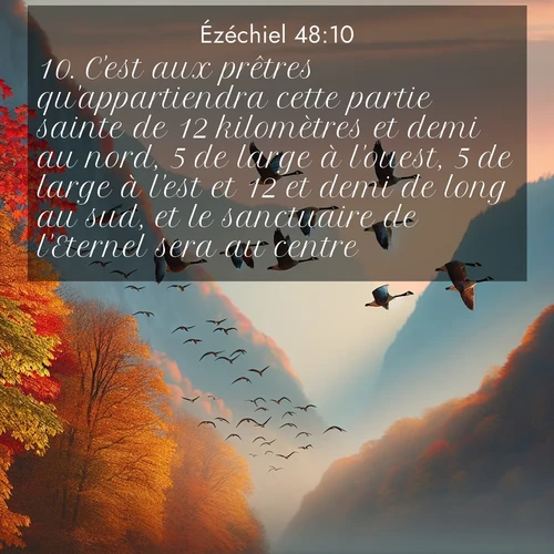 Segond21 Ézéchiel  ; image nature: image avec le verset biblique :C&#039;est aux prêtres qu&#039;appartiendra cette partie sainte de 12 kilomètres et demi au nord, 5 de large à l&#039;ouest, 5 de large à l&#039;est et 12 et demi de long au sud, et le sanctuaire de l&#039;Eternel sera au centre. ;  ; 48:10