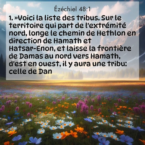 Segond21 Ézéchiel  ; image nature: image avec le verset biblique :»Voici la liste des tribus. Sur le territoire qui part de l&#039;extrémité nord, longe le chemin de Hethlon en direction de Hamath et Hatsar-Enon, et laisse la frontière de Damas au nord vers Hamath, d&#039;est en ouest, il y aura une tribu: celle de Dan. ;  ; 48:1