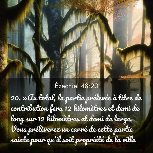 Segond21 Ézéchiel  ; image nature: image avec le verset biblique :»Au total, la partie prélevée à titre de contribution fera 12 kilomètres et demi de long sur 12 kilomètres et demi de large. Vous prélèverez un carré de cette partie sainte pour qu&#039;il soit propriété de la ville. ;  ; 48:20